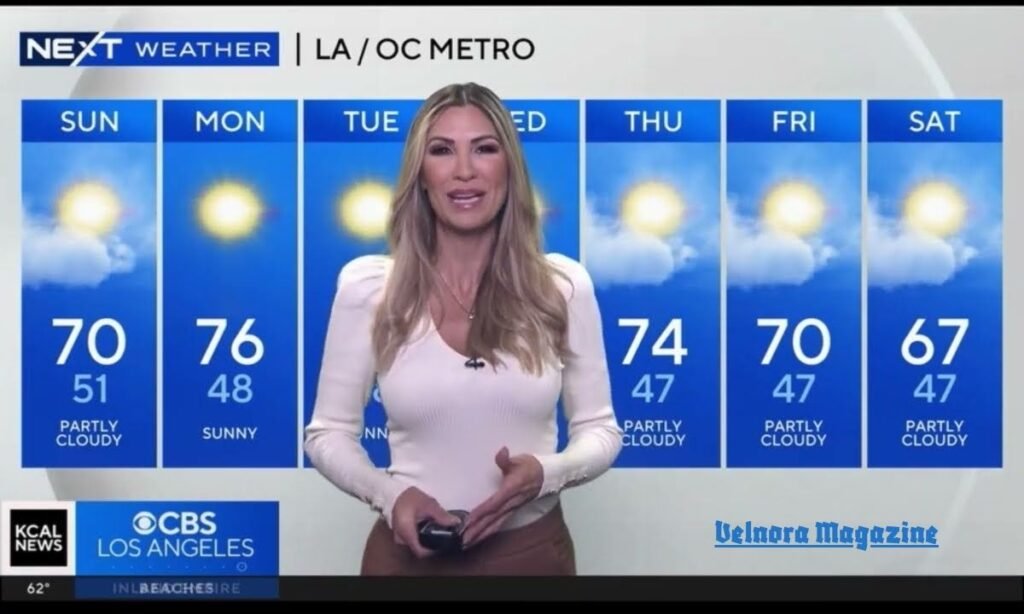 Olga Ospina presenting a live 7-day weather forecast on local television.